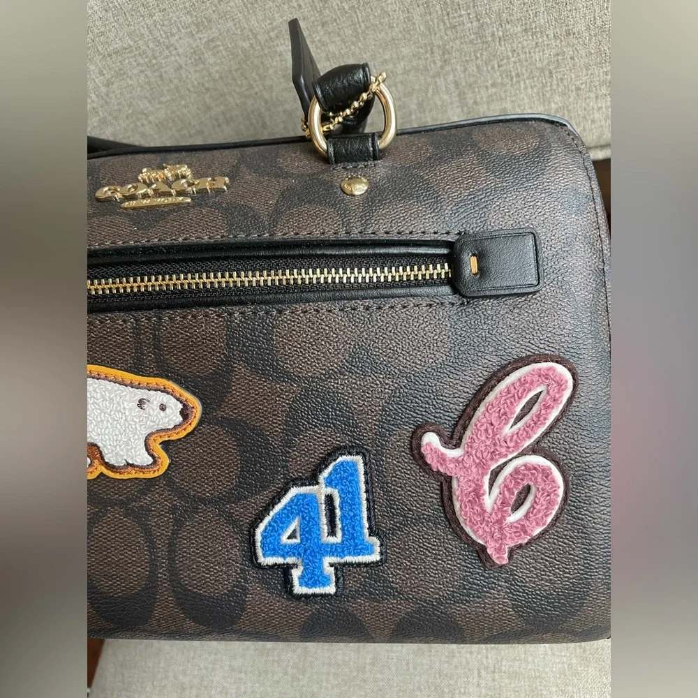 NWT!COACH ROWAN SATCHEL IN SIGNATURE CANVAS WITH SKI PATCHES (COACH CE592) - Picture 4 of 14